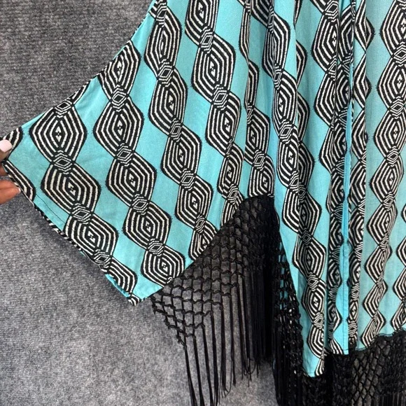 Democracy Kimono Cardigan Women XL Turquoise Black Diamond Pattern Fringe Boho - Picture 5 of 8